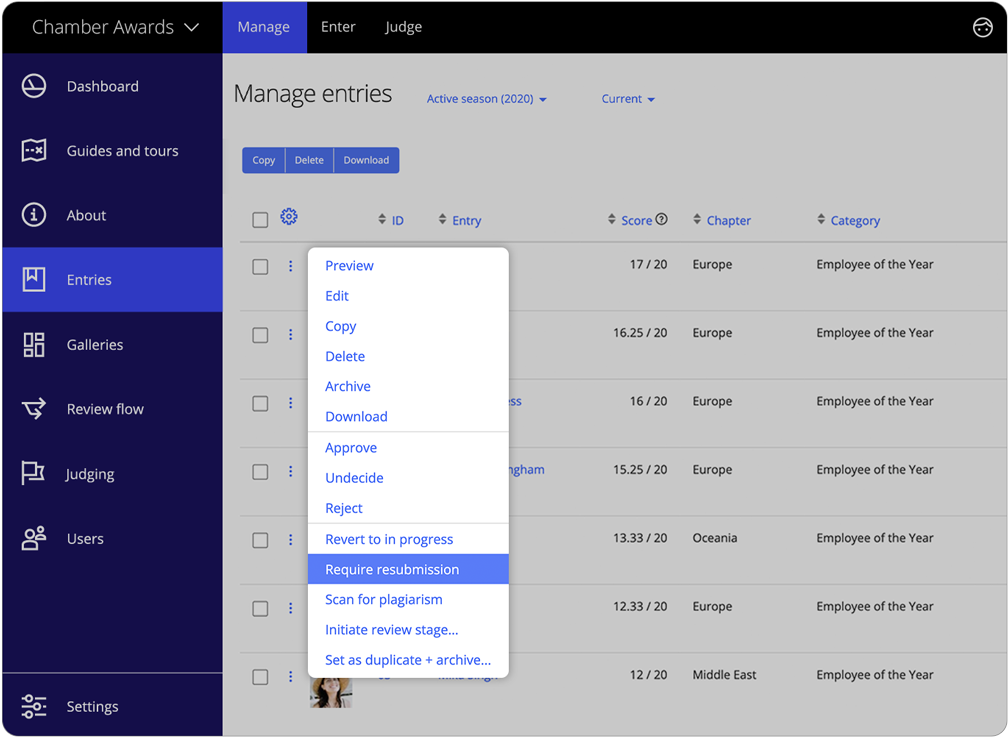 The Award Force interface allows the program manager to request an applicant to resubmit their entry via a dropdown menu