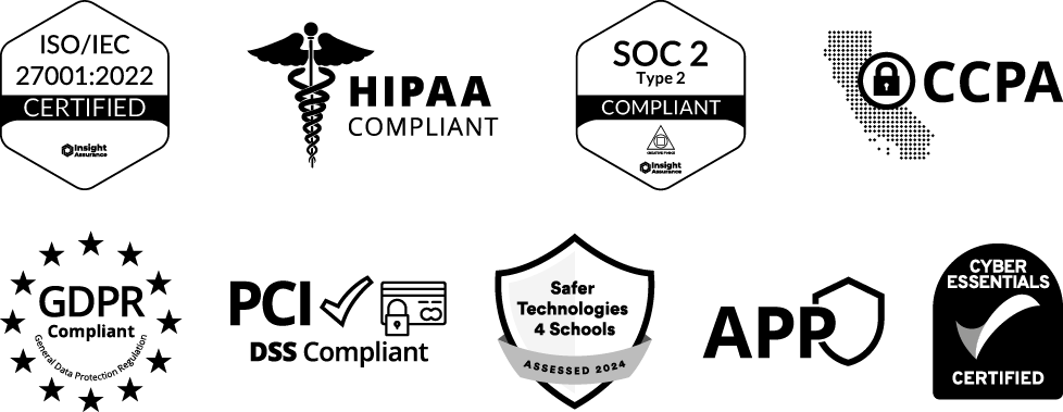 Übersicht der Sicherheitskonformitätslogos von Award Force, einschließlich GDPR, ISO 27001, SOC2, APP, CCPA, PCI, HIPAA und Cyber Essentials.