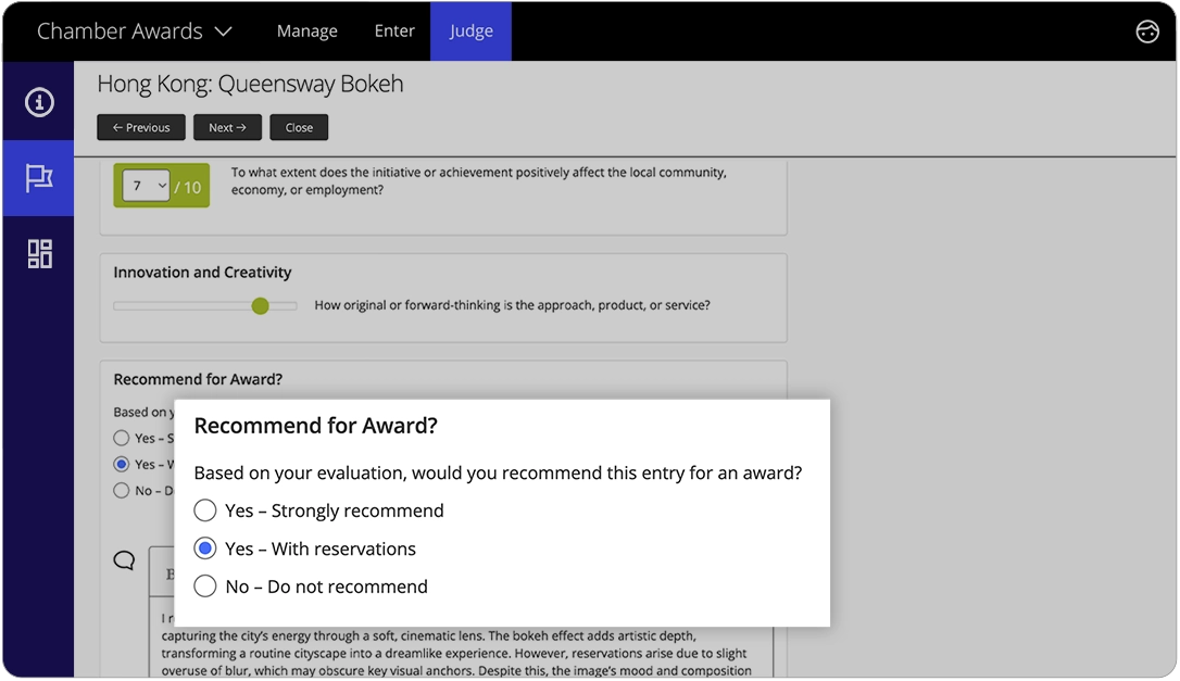 Award Force platform showing a judge adjudicating an entry using recommendation judging criteria