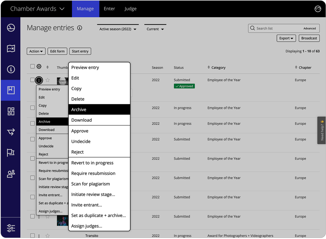 The program manager can copy, delete and archive the entry from the overflow menu