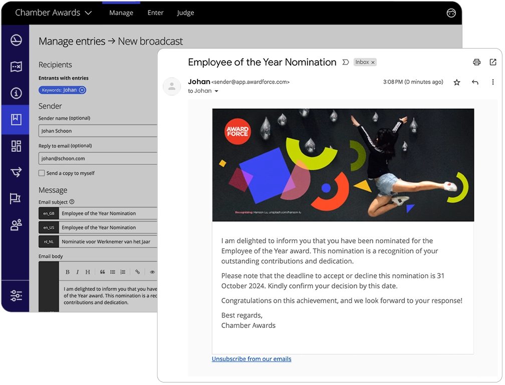 In Award Force kann der Programmmanager Massenkommunikation an Teilnehmende oder Bewertende mit der Broadcast-Funktion senden, die sich auf dem Einreichungs-Dashboard befindet.