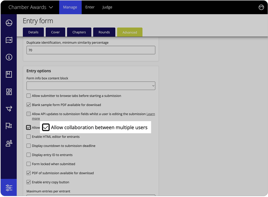 Ui showing that program managers can easily activate or deactivate entry collaborations in the form settings.