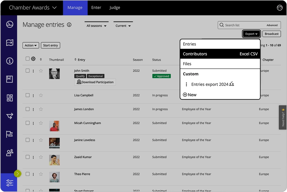 In Award Force können die Programmmanager Tabellenberichte aus jeder Tabelle im System im CSV-Dateiformat exportieren.  