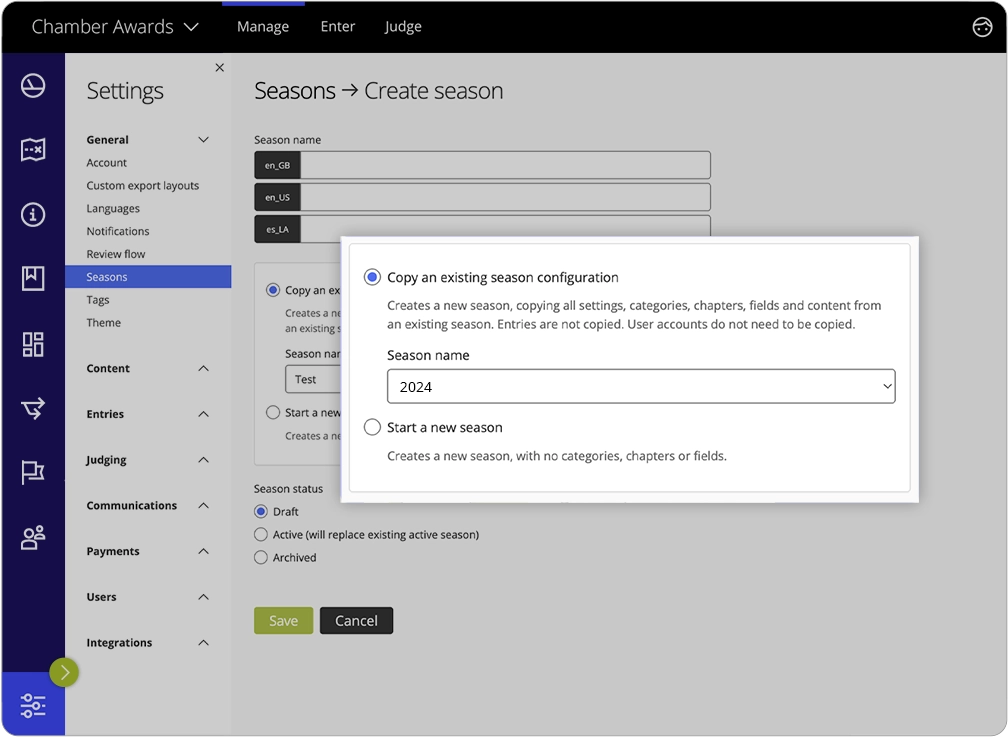 In Award Force, the awards manager can copy a previous season in the settings menu.