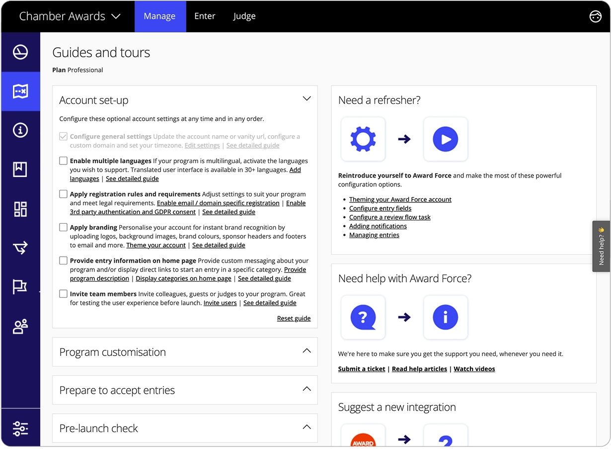 Award Force interface showing the Guides and Tours dashboard