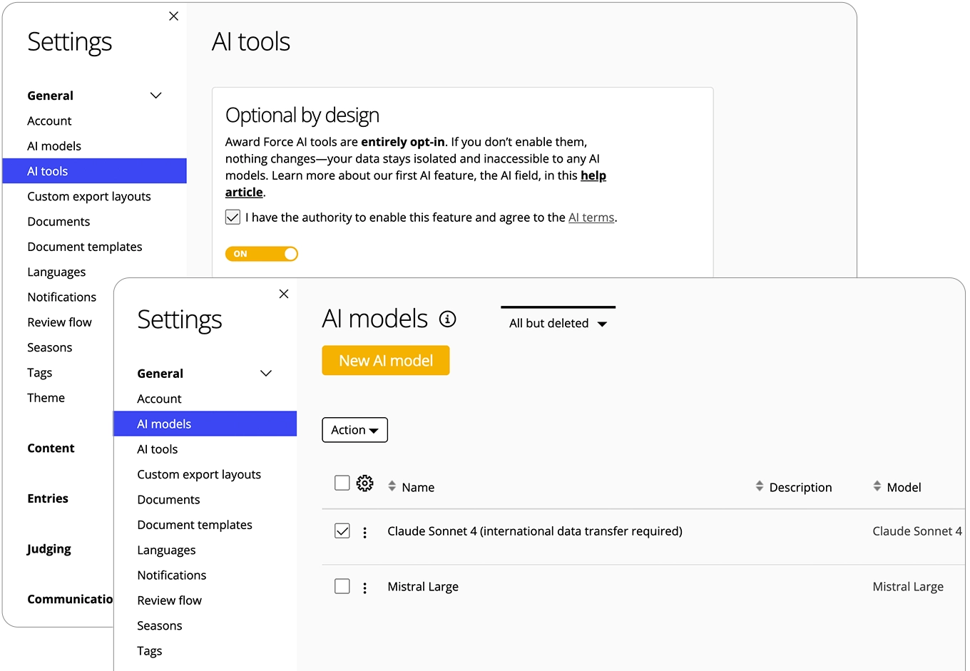Award Force-Oberfläche, die zeigt, dass der Manager die Möglichkeit hat, die KI-Tools ein- oder auszuschalten und verschiedene KI-Modelle auszuwählen.
