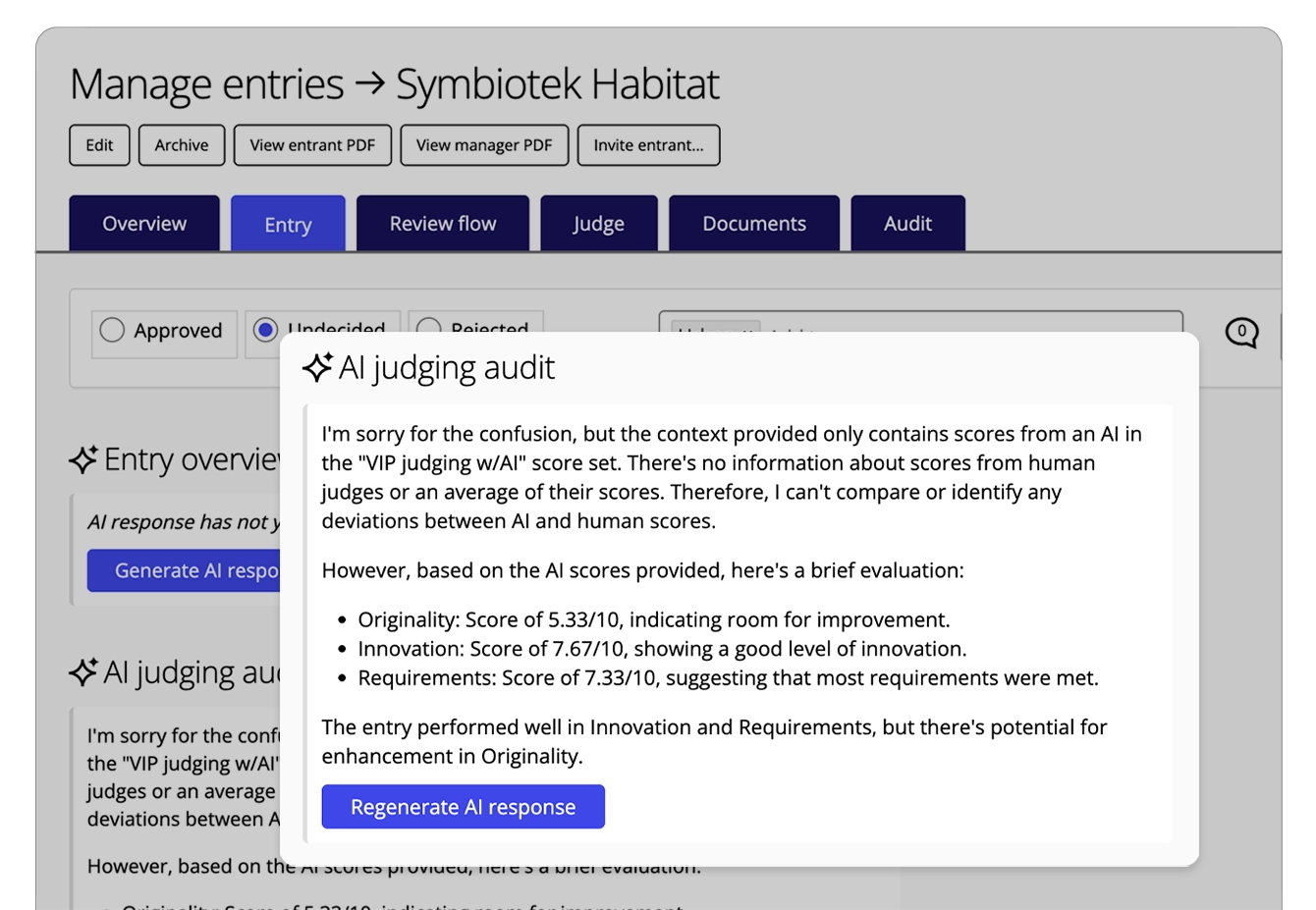 Award Force-Oberfläche, die die KI-generierte Antwort für das Bewertungs-Audit-Feld anzeigt. 