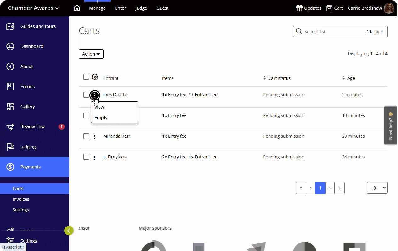 Award Force interface showing the Carts and Invoices list views. 