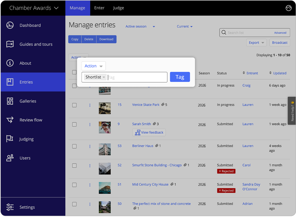 Award Force interface showing user adding tags
