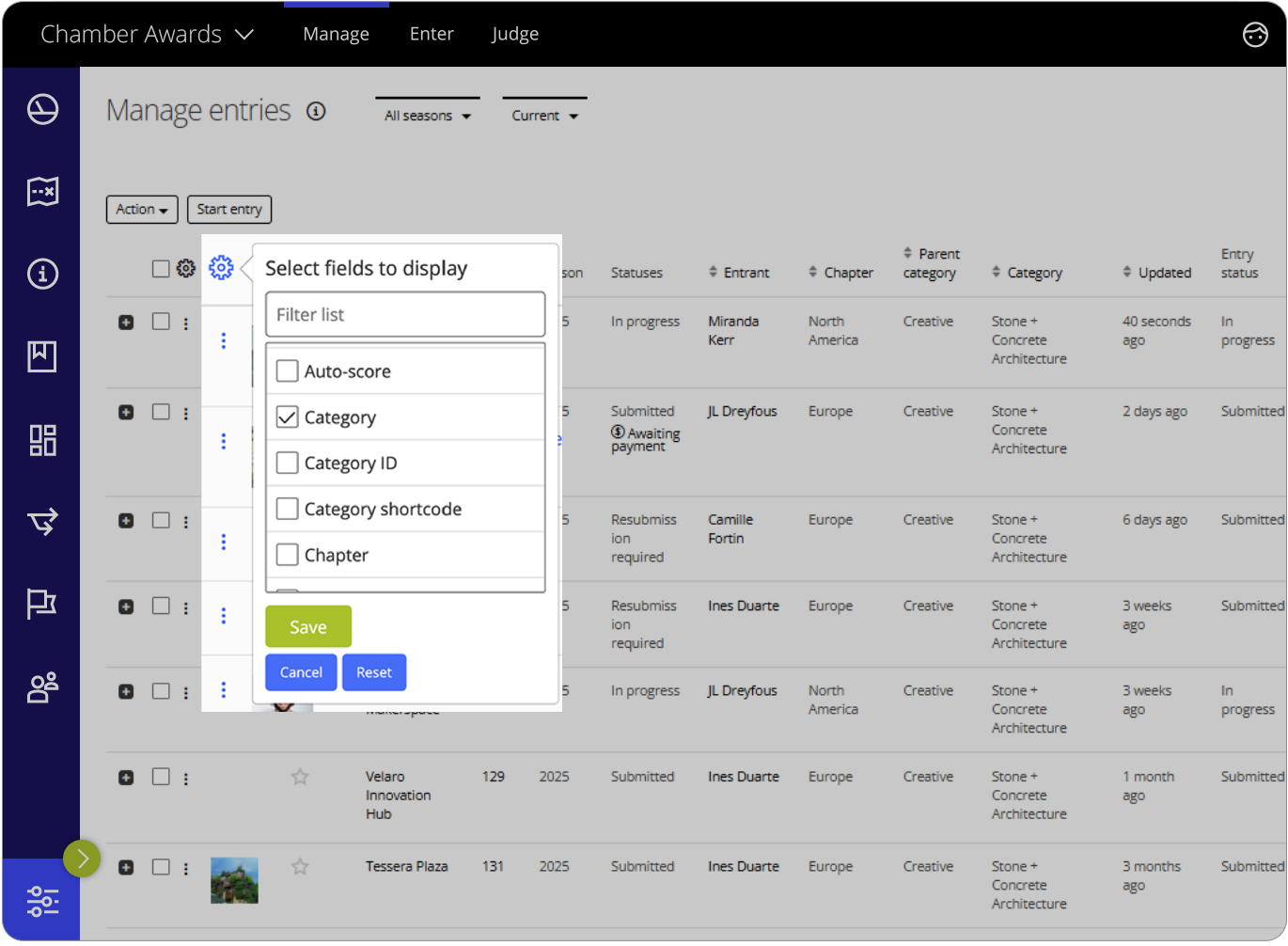 Award Force interface showing the filter selector