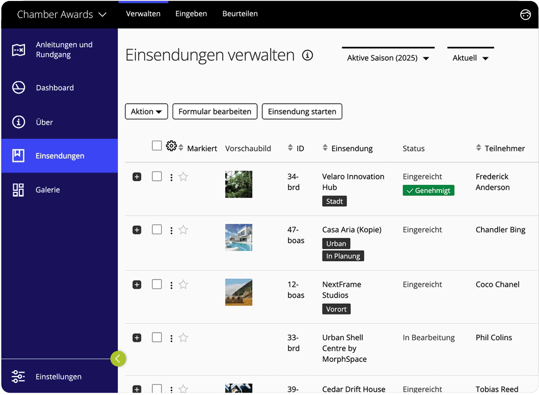 Award Force Interface mit der Listenansicht „Einsendungen verwalten“