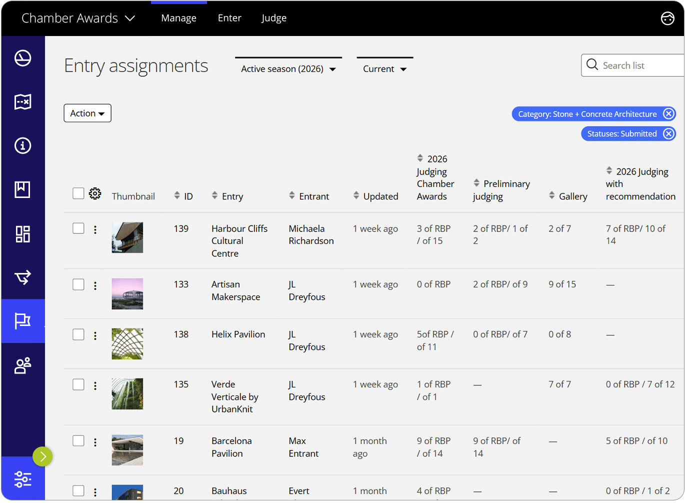 Award Force interface showing the new entry assignments list view