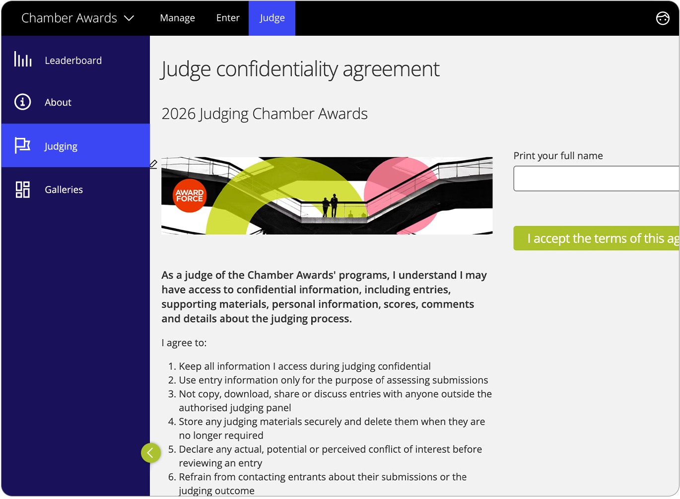 Un exemple d’accord de confidentialité pour les membres du jury dans Award Force
