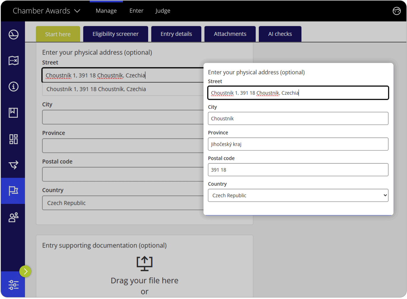 Award Force interface showing the new address field type