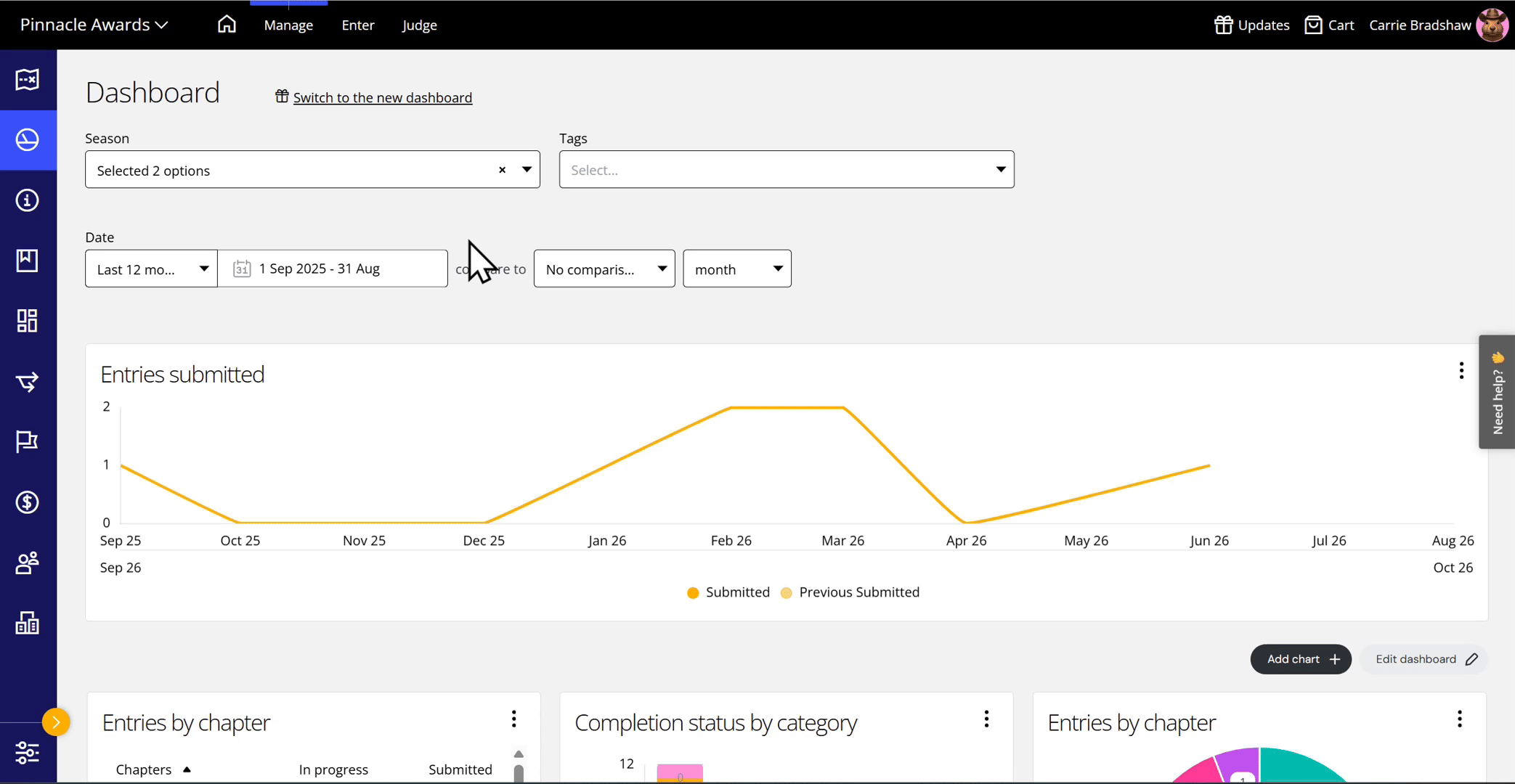 Award Force interface showing how to switch to the new dashboard